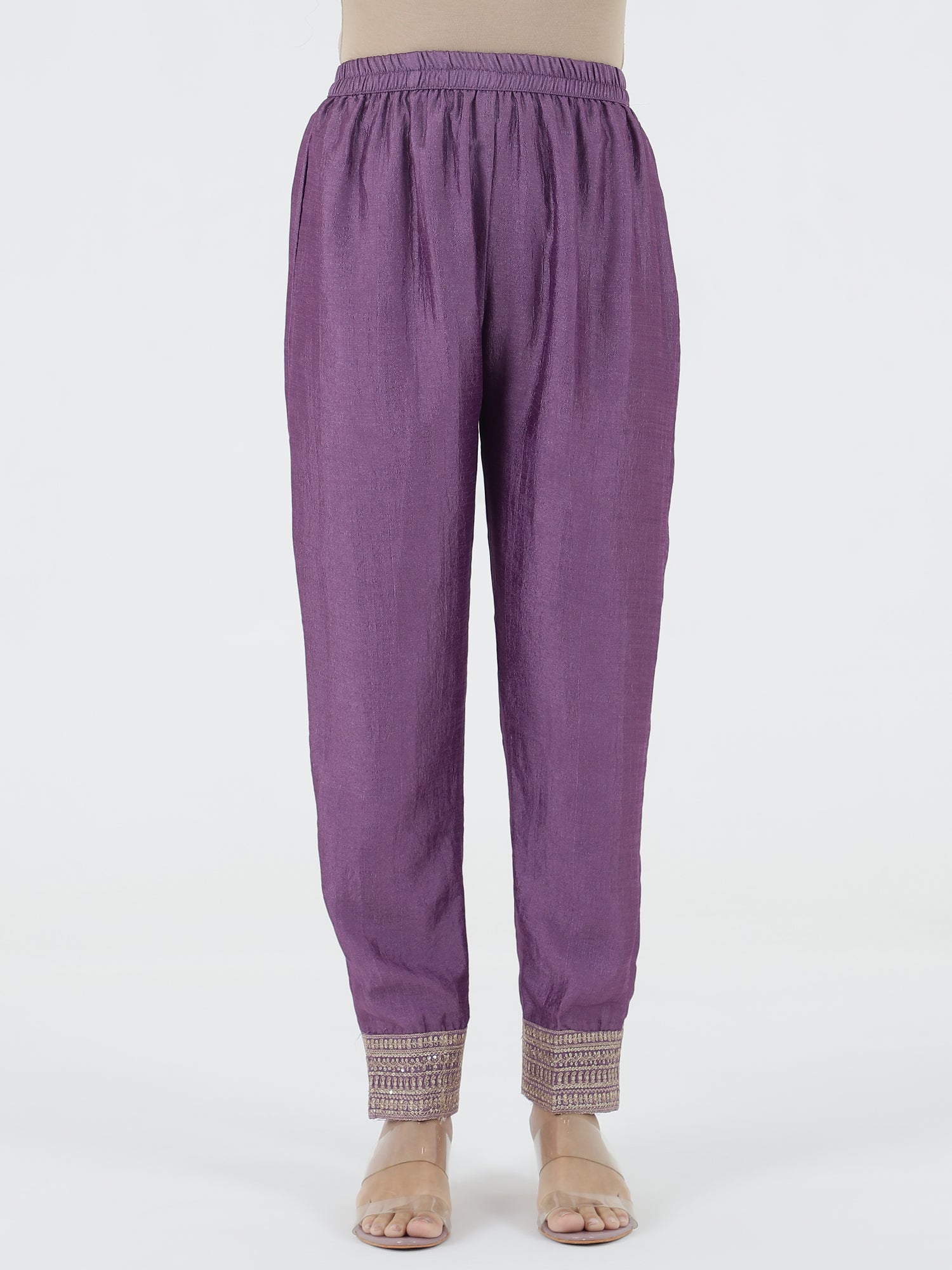 Elegant Purple Raw Silk Salwar with Kotapatti Embroidery & Narrow Pants
