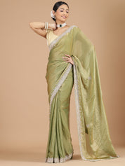 Green Satin Tissue Saree with Sequence Scallop Work