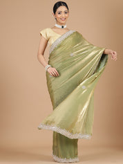 Green Satin Tissue Saree with Sequence Scallop Work