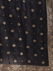 Elegant Black Raw Silk Collar Neck Salwar Kameez with Mirror Work & Banarasi Dupatta