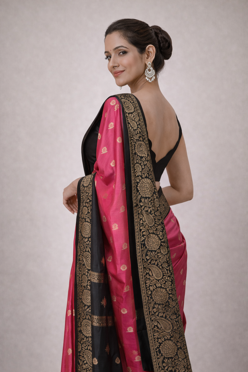 Rani Pink & Black Kanchipuram Silk Saree with Antique Gold Zari Border