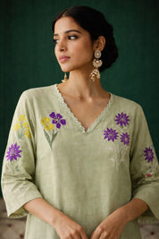 Pista Green Linen Salwar Set for Women | Floral Embroidered Ethnic Coord Set
