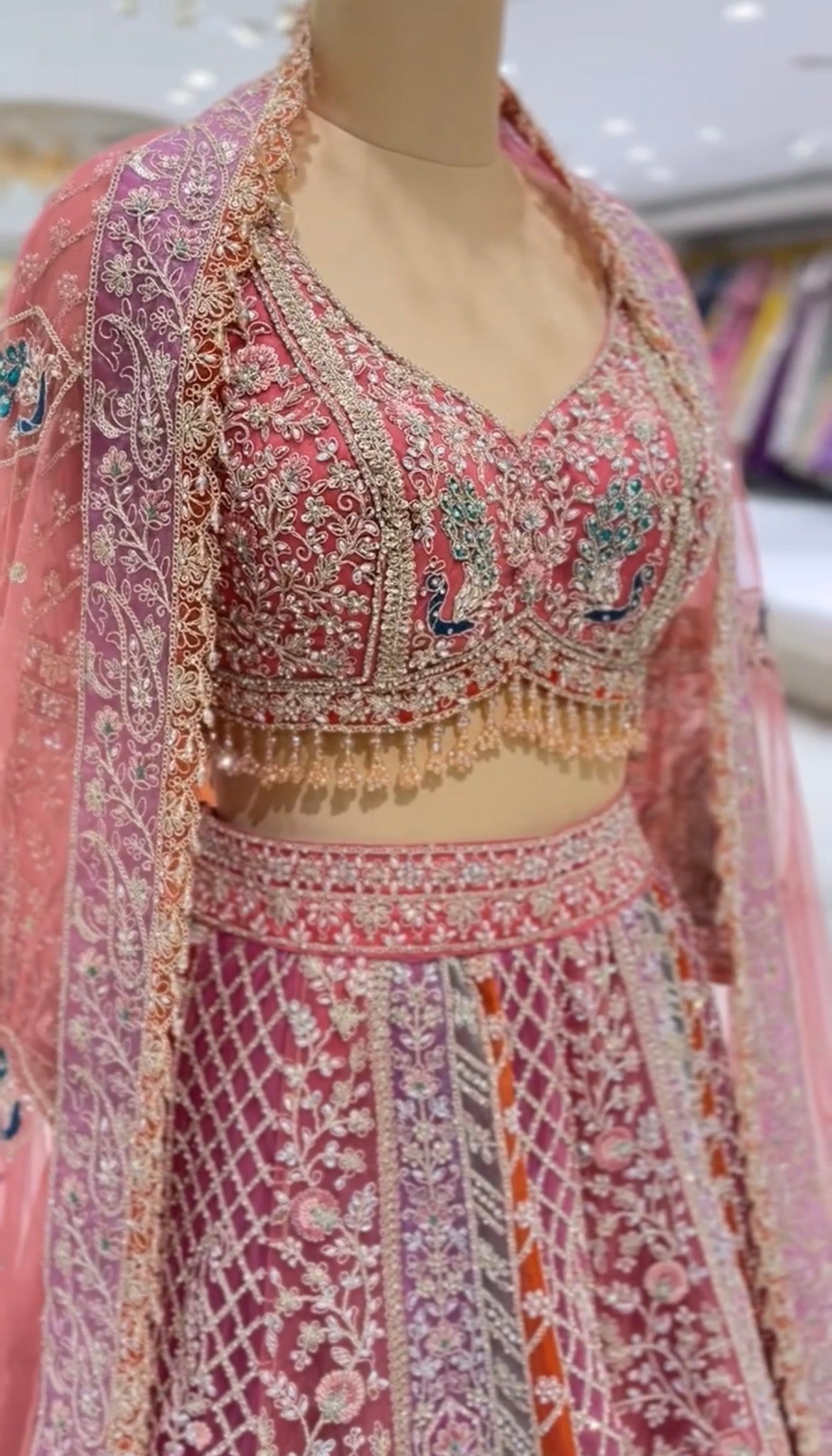 Pink Satin Bridal Lehenga with Heavy Embroidery & Net Dupatta | DIVA