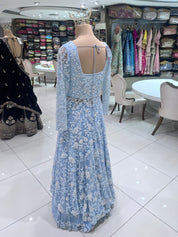 Powder Blue Embroidered Net Gown with Full Sleeves DIVA
