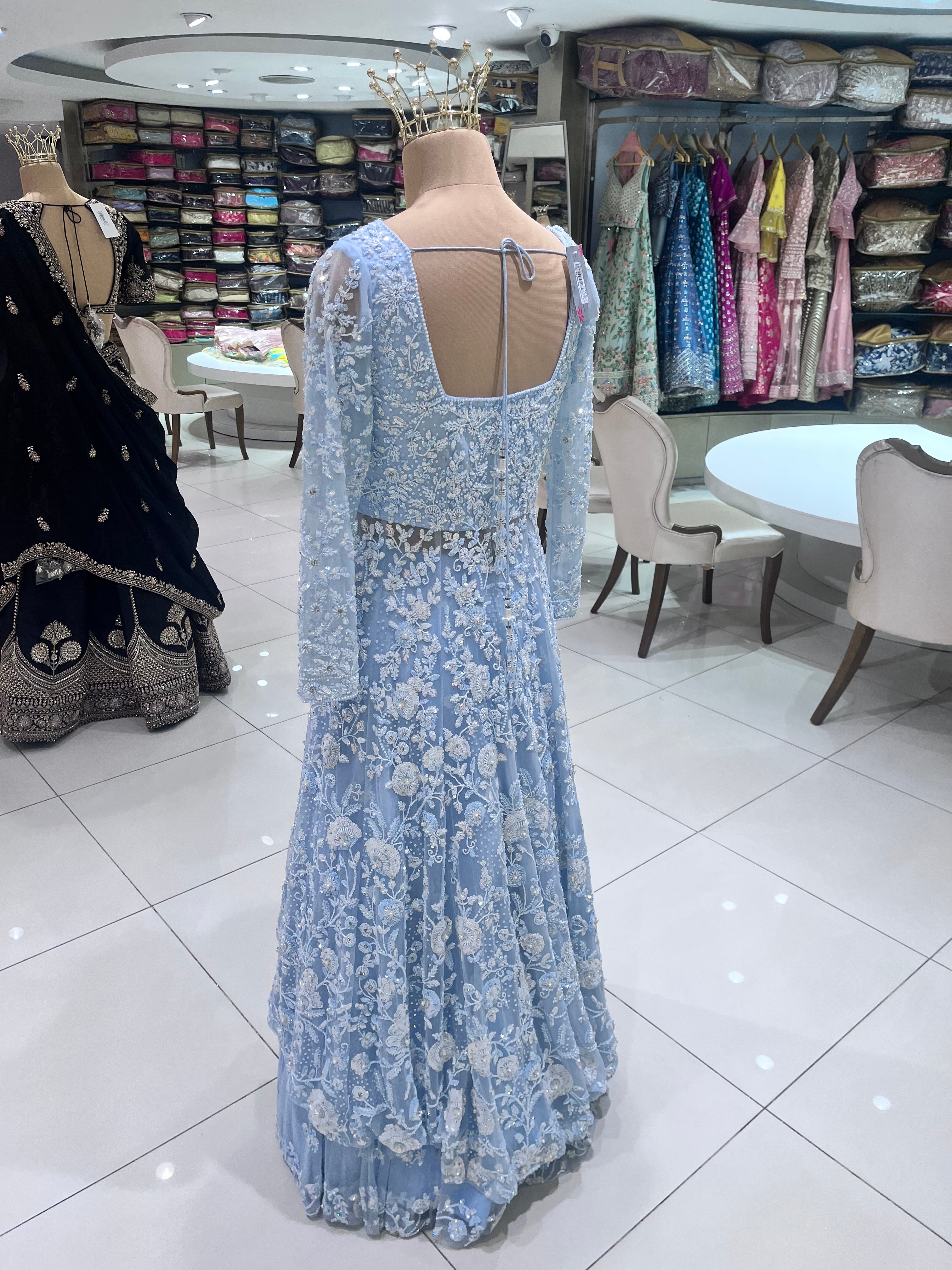 Powder Blue Embroidered Net Gown with Full Sleeves DIVA