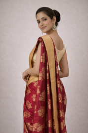 Pure Tussar Silk Saree with Antique Gold Zari Border – Crimson Red & Deep Maroon