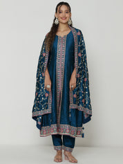 Elegant Blue Salwar Suit with Floral Embroidered Dupatta & Matching Pants