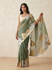 Organza Saree in Sage Green with Metallic Leaf Motif & Scalloped Edge