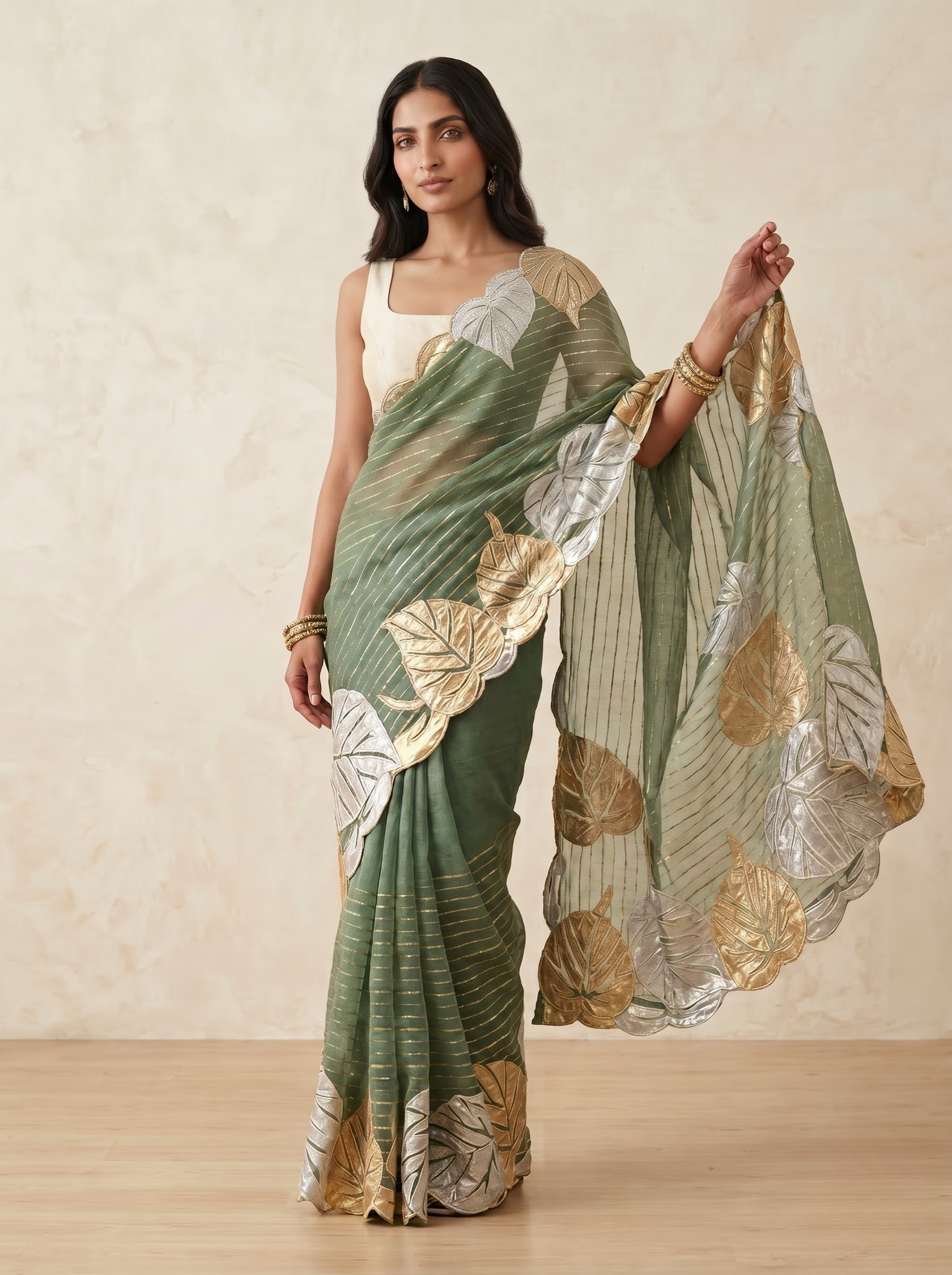 Organza Saree in Sage Green with Metallic Leaf Motif & Scalloped Edge