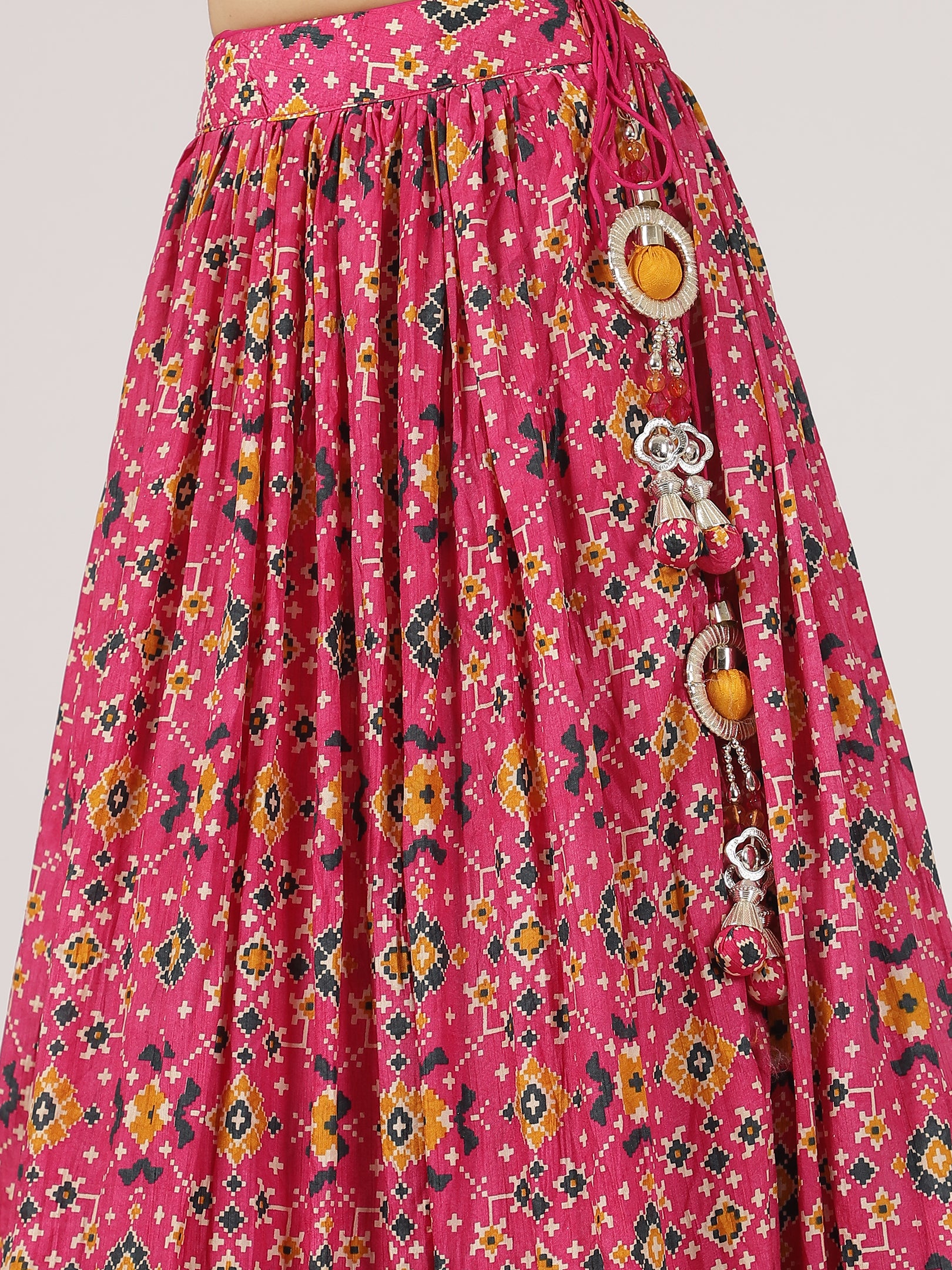 Vibrant Pink & Mustard Cotton Silk Lehenga with Embroidered Mirror Work