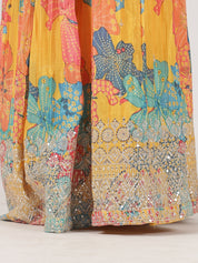 Mustard Yellow Printed Organza Lehenga with Sequin & Mirror Work Blouse