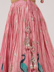 Stunning Pink Silk Lehenga with Peacock & Floral Embroidery