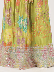 Lime Green Printed Organza Lehenga with Sequin & Mirror Work Blouse