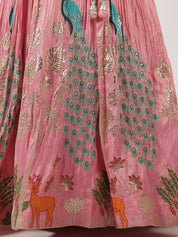 Stunning Pink Silk Lehenga with Peacock & Floral Embroidery