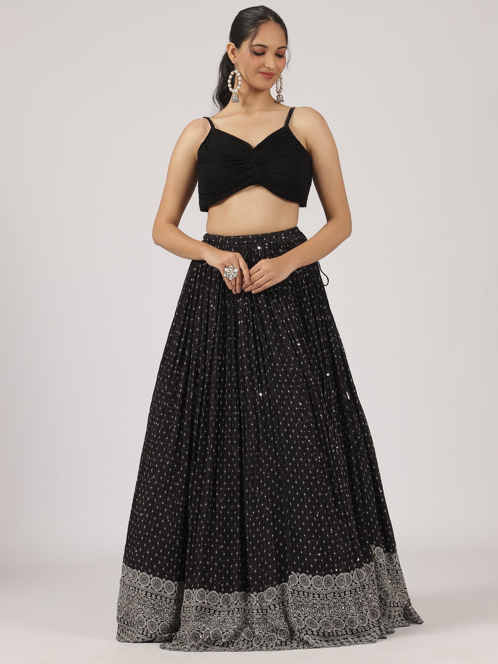 Jet Black Mirror Work Lehenga with Embroidered Jacket