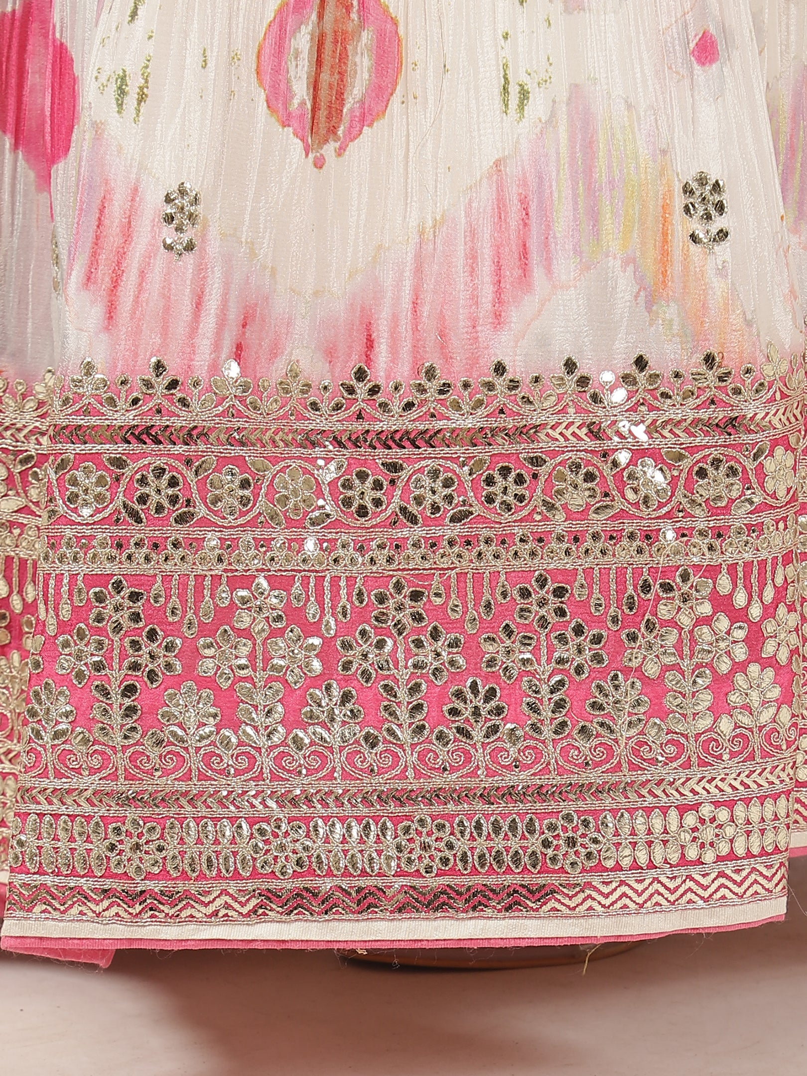 Elegant White & Pink Silk Lehenga with Embroidery & Sequins Work