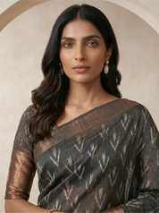 Charcoal Grey Tussar Silk Saree with Floral Print & Zari Border