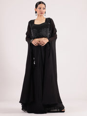 Sophisticated Black Georgette Palazzo Suit with Pearl Beadwork Blouse & Overcoat