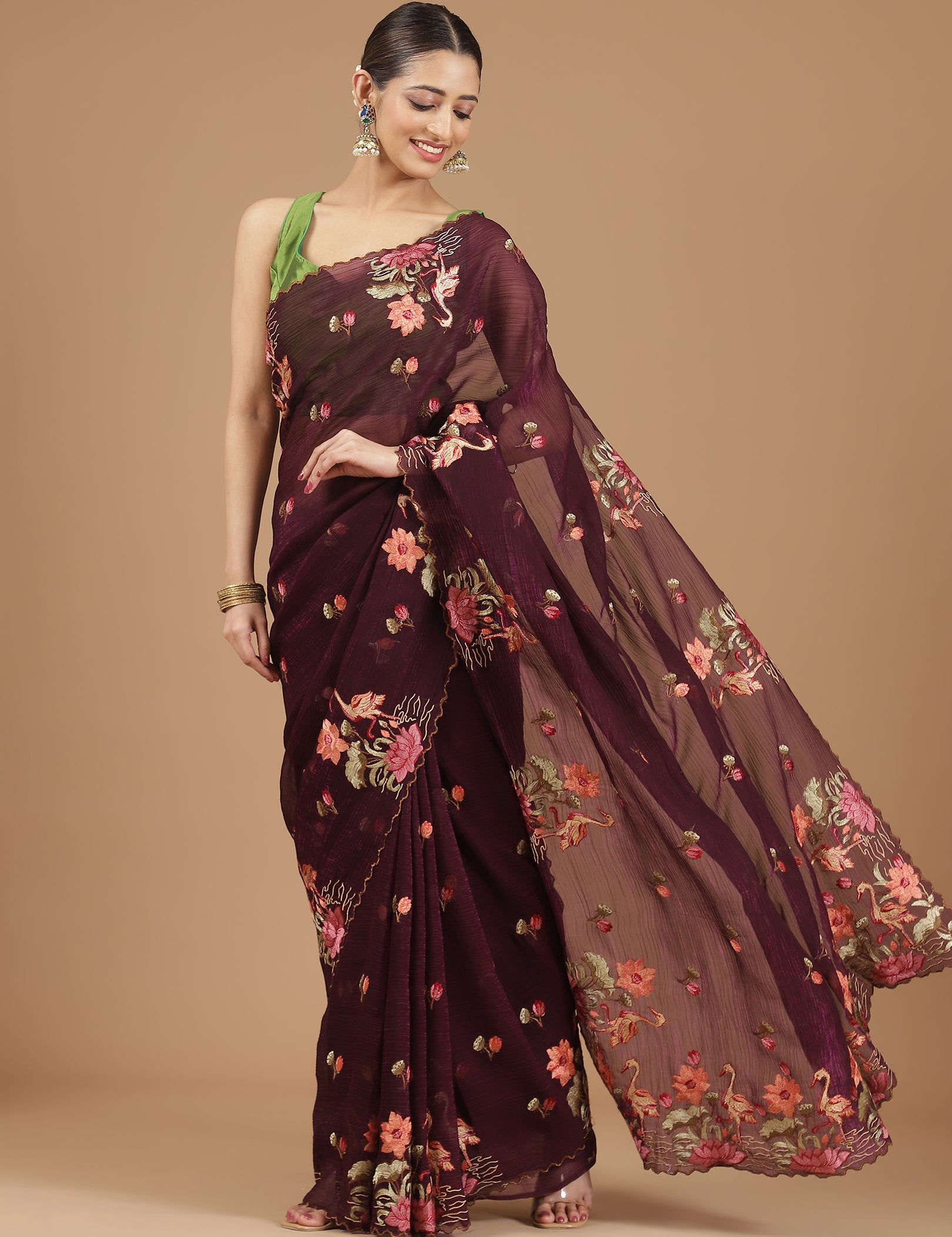 Elegant Floral Embroidered Saree with a Contemporary Touch