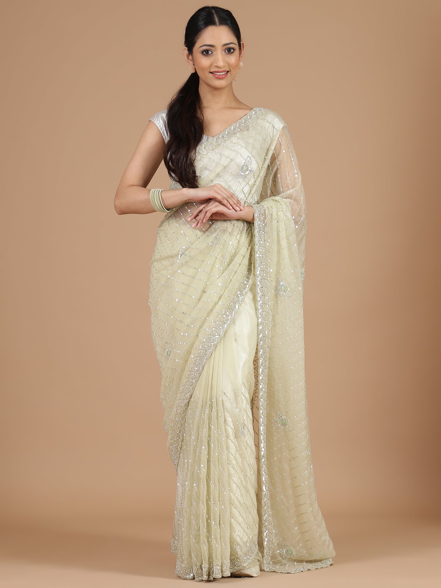 Graceful Beige Organza Tissue Saree with Sequin Work & Embroidery