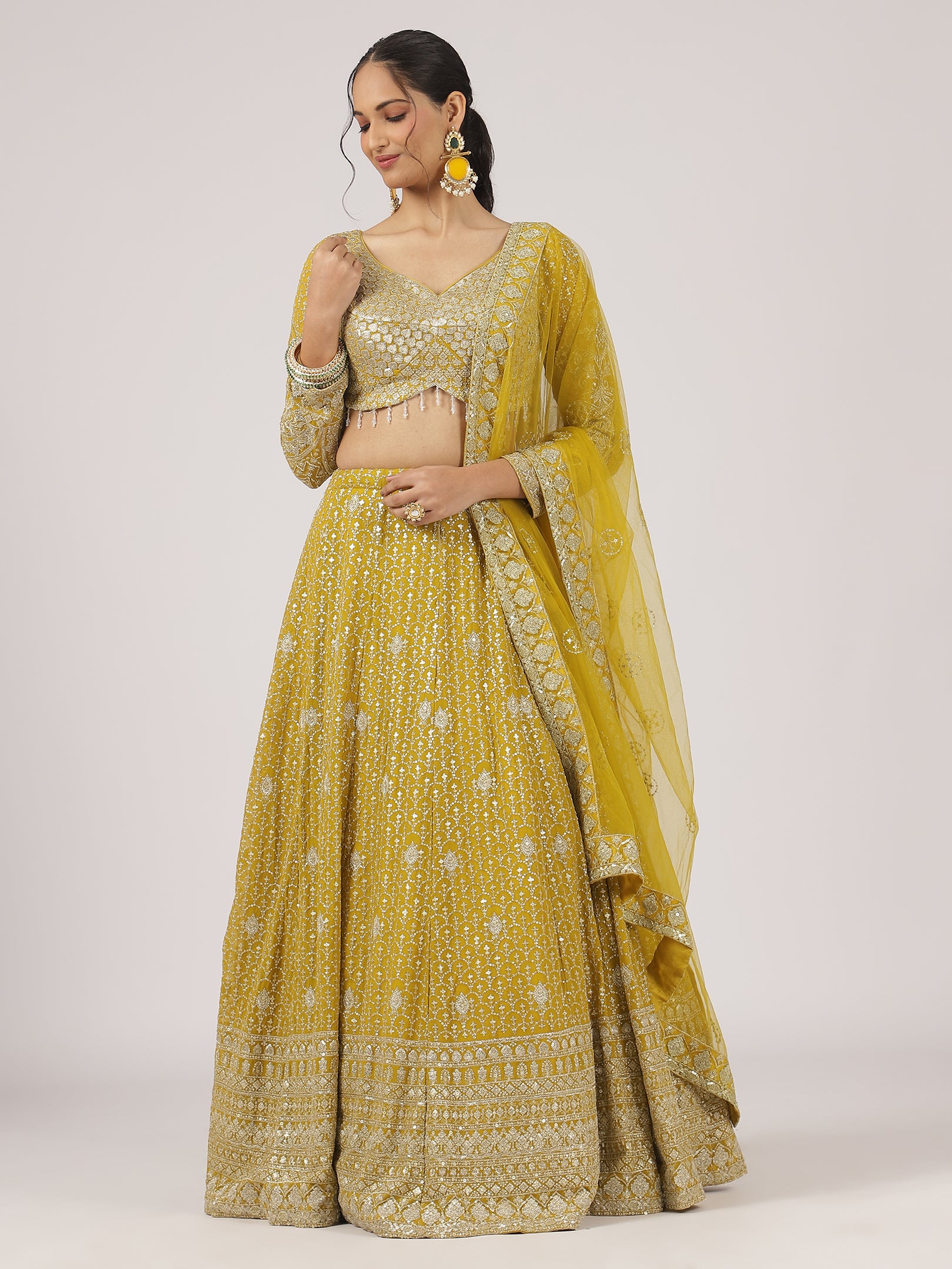 Mustard Yellow Georgette Zari Embroidered Lehenga