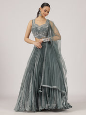 Elegant Grey Pleated Lehenga with Embroidered Blouse & Sheer Dupatta