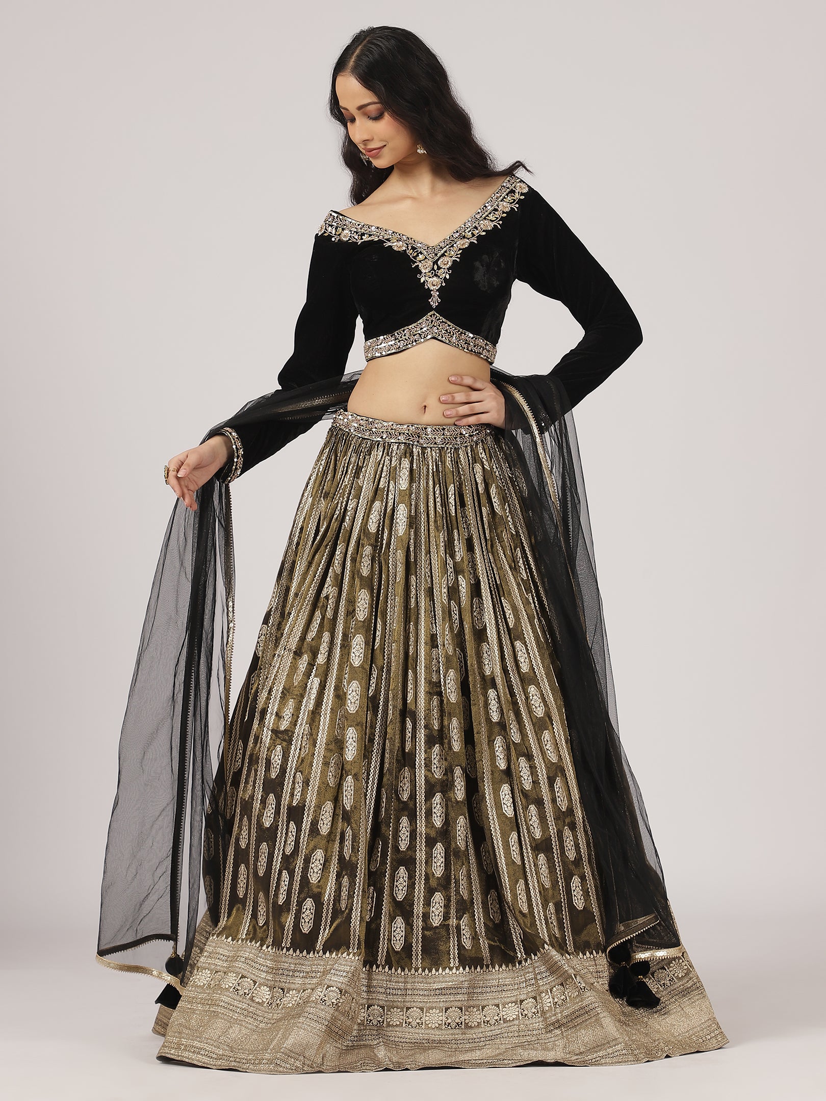 Midnight Black Velvet Banarasi Lehenga with Zari Embroidery