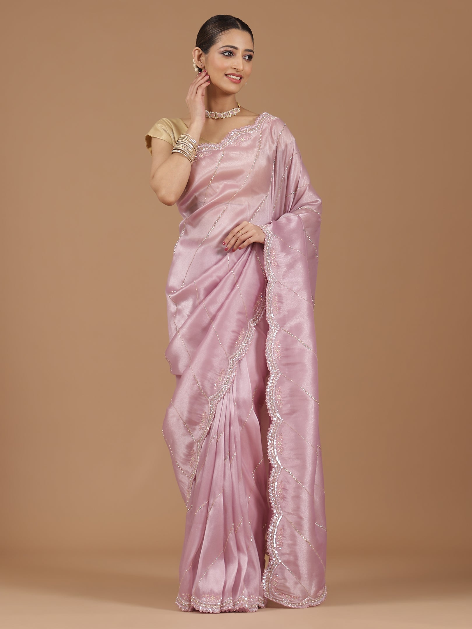 Elegant Pink Satin Silk Saree with Sequin Embroidery