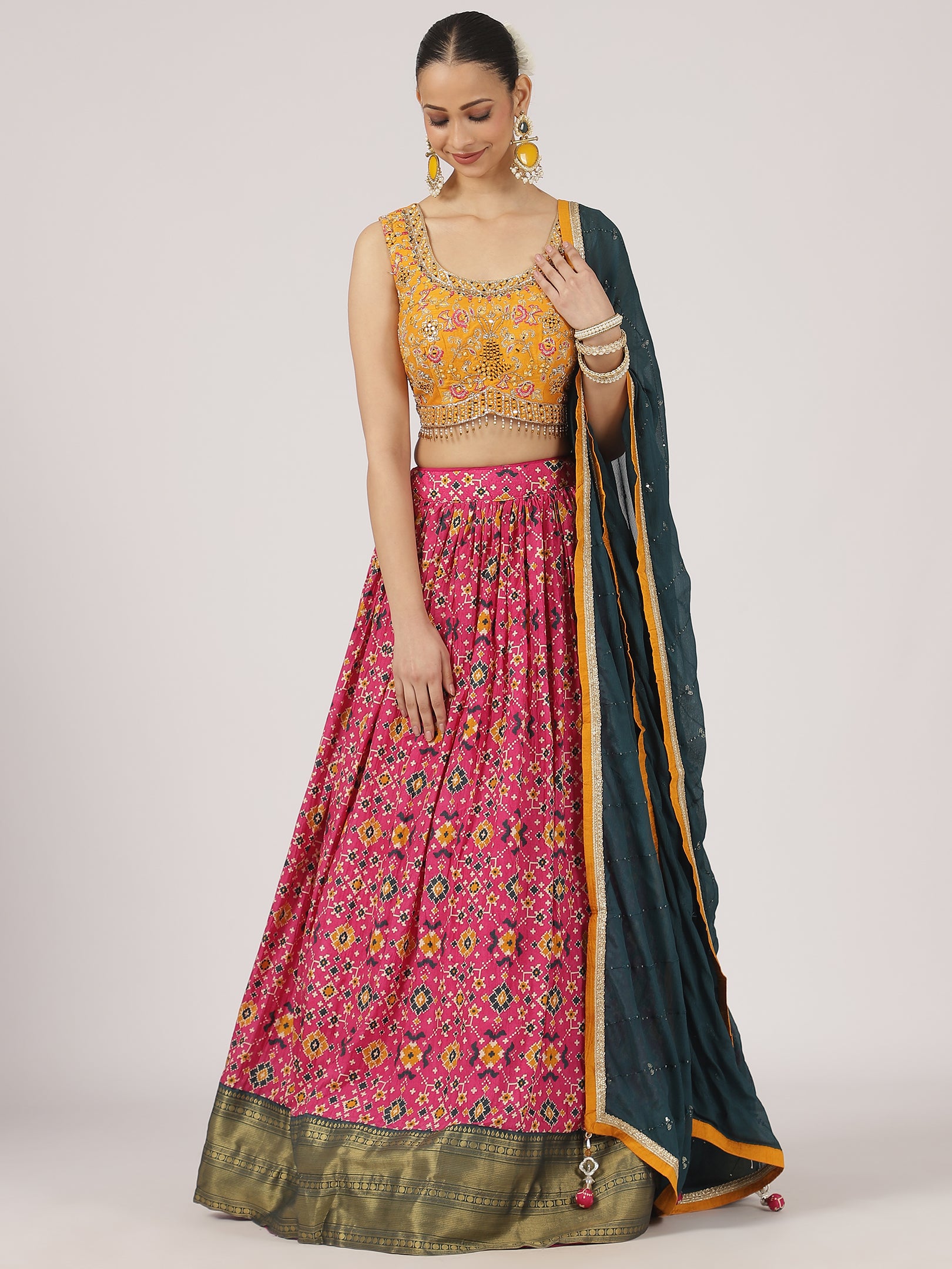 Vibrant Pink & Mustard Cotton Silk Lehenga with Embroidered Mirror Work