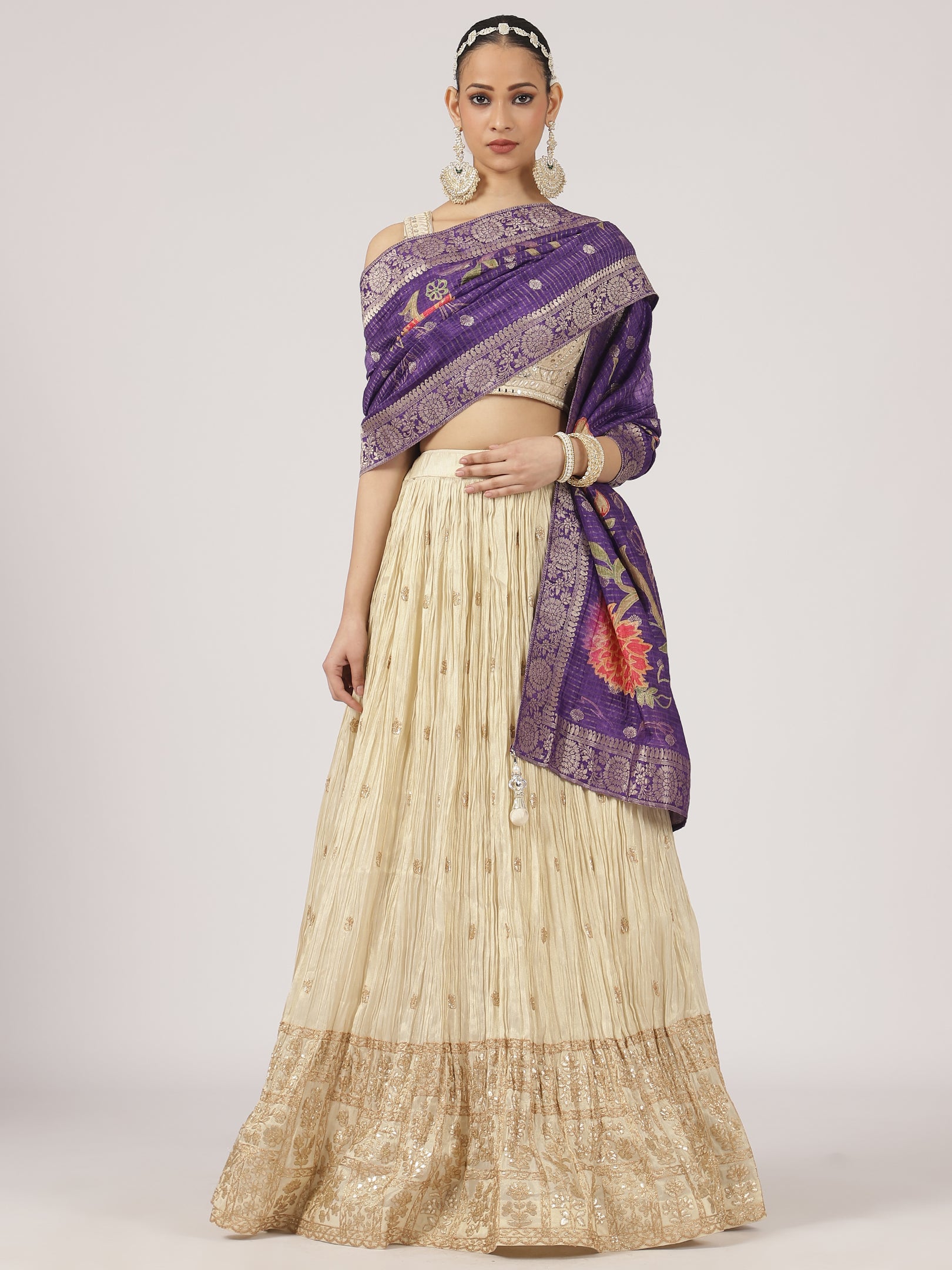 Cream Gold Lehenga Set with Purple Banarasi Dupatta