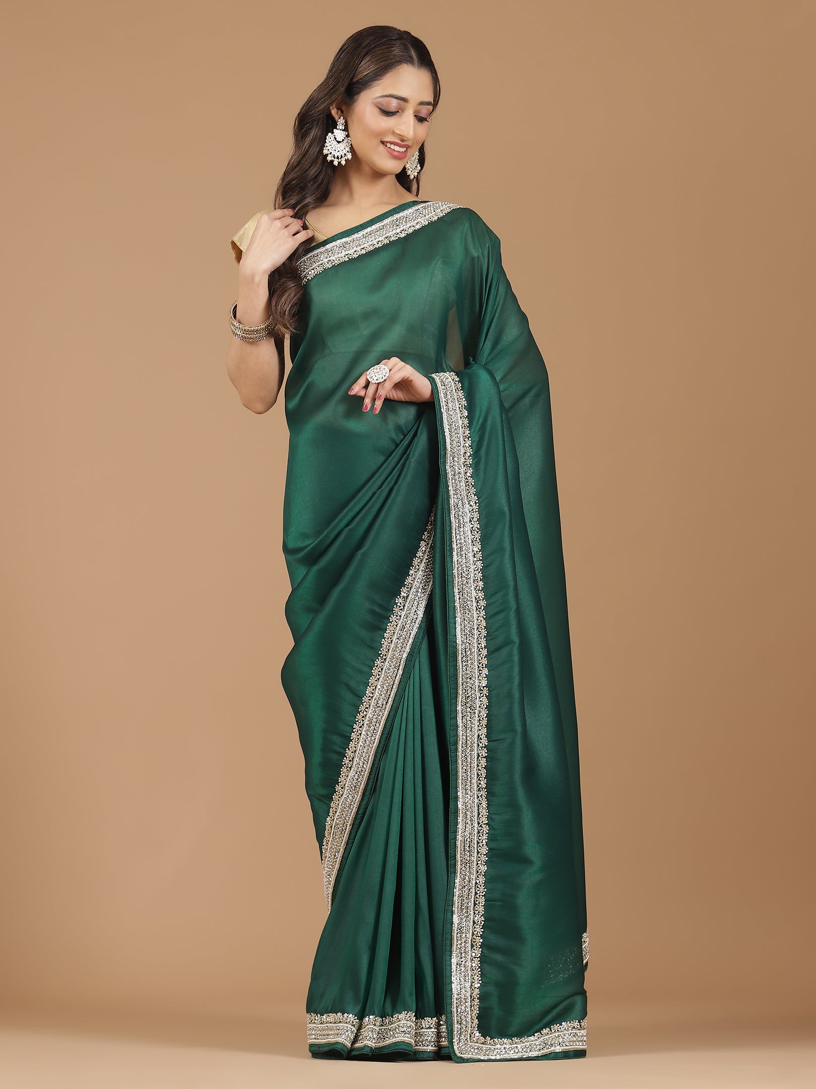 Satin Silk Saree with Delicate Stonework Border