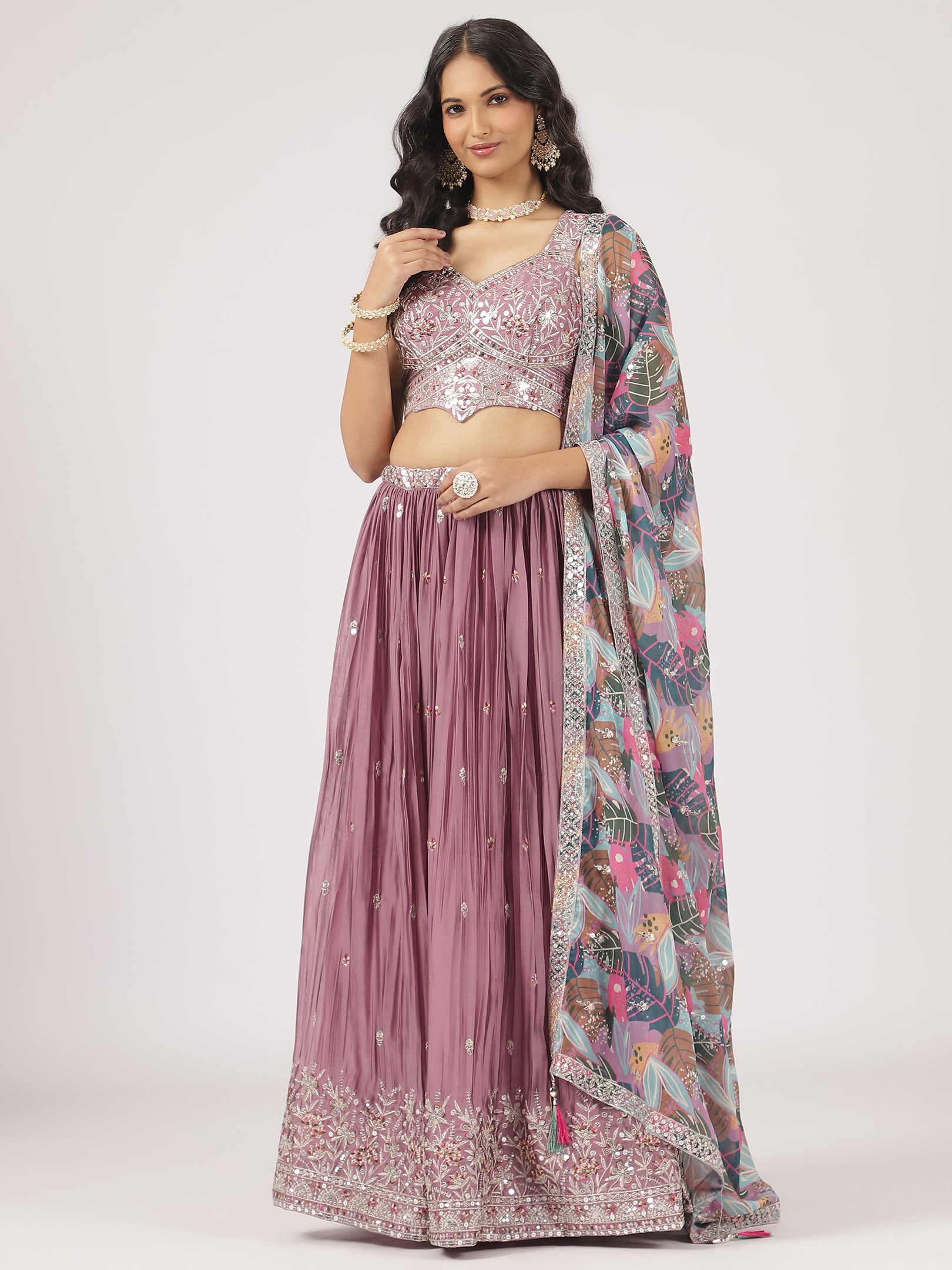 Elegant Lavender Raw Silk Lehenga with Sequin Embroidered Blouse