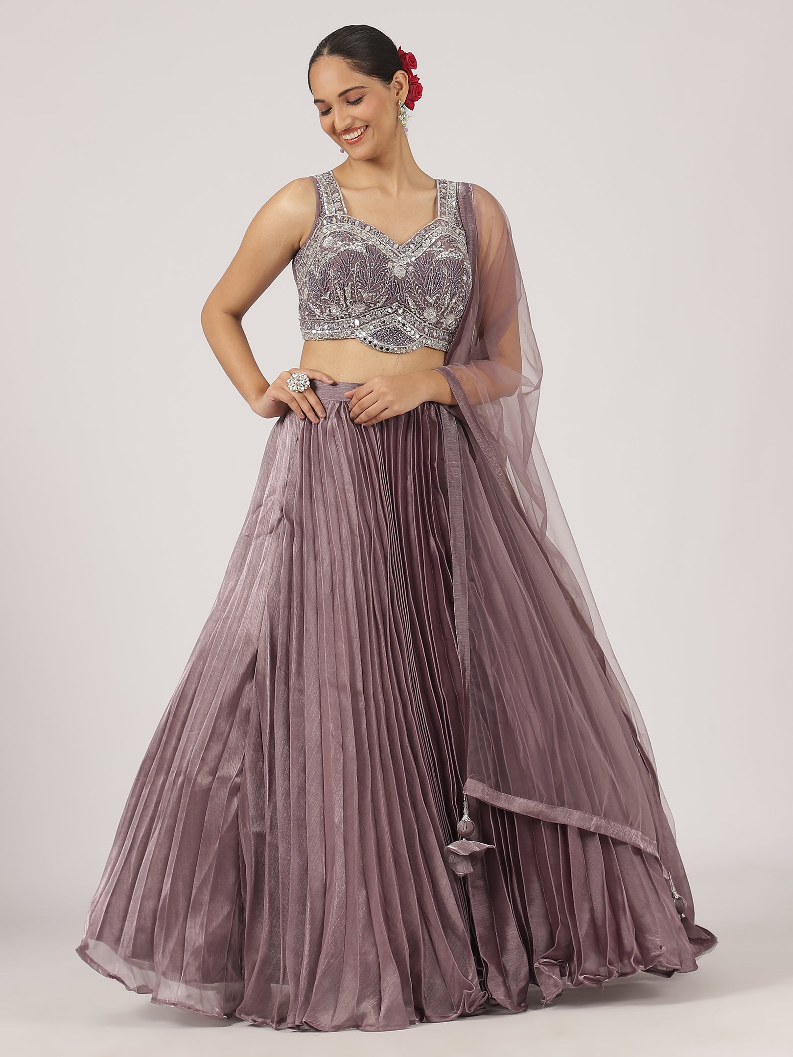 Mauve Pleated Organza Lehenga with Intricate Embroidered Blouse & Sheer Dupatta