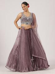 Mauve Pleated Organza Lehenga with Intricate Embroidered Blouse & Sheer Dupatta