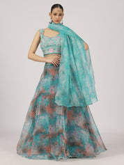 Aqua Blue Floral Organza Lehenga with Embroidered Blouse