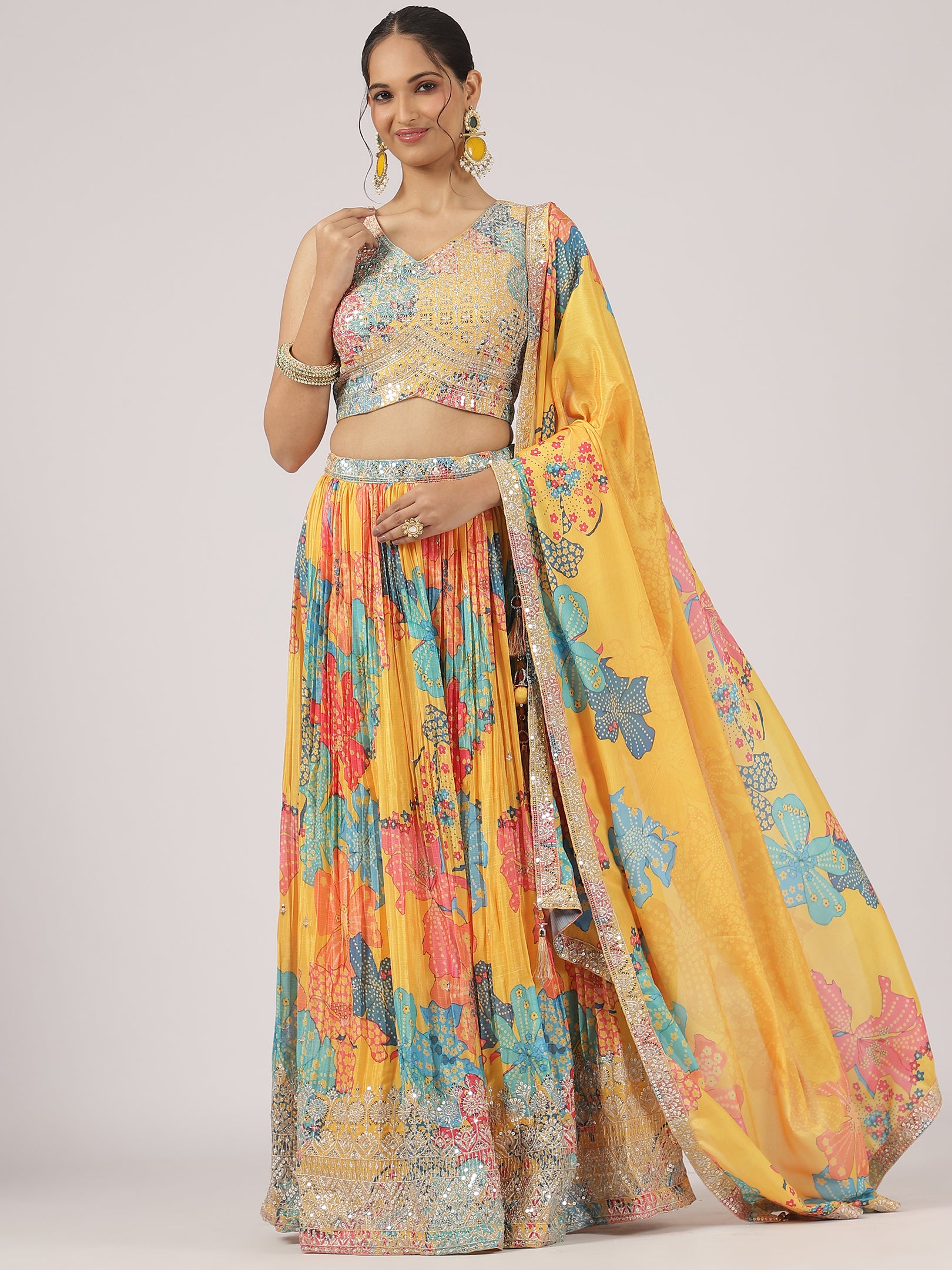 Mustard Yellow Printed Organza Lehenga with Sequin & Mirror Work Blouse