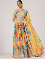 Mustard Yellow Printed Organza Lehenga with Sequin & Mirror Work Blouse