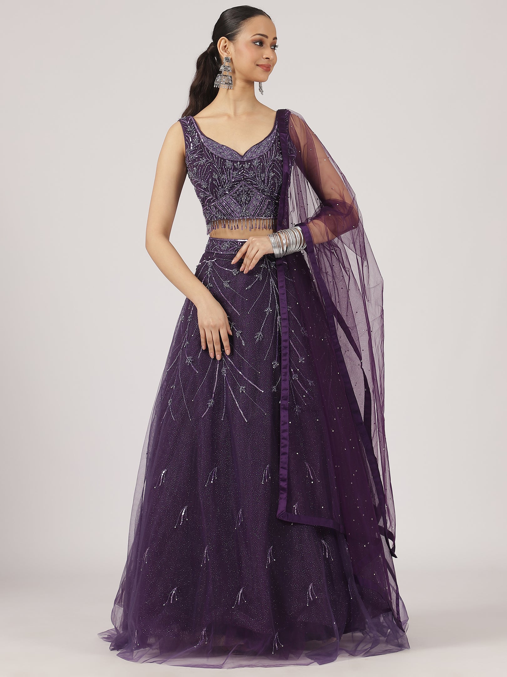 Regal Purple Embroidered Net Lehenga with Sequin Detailing