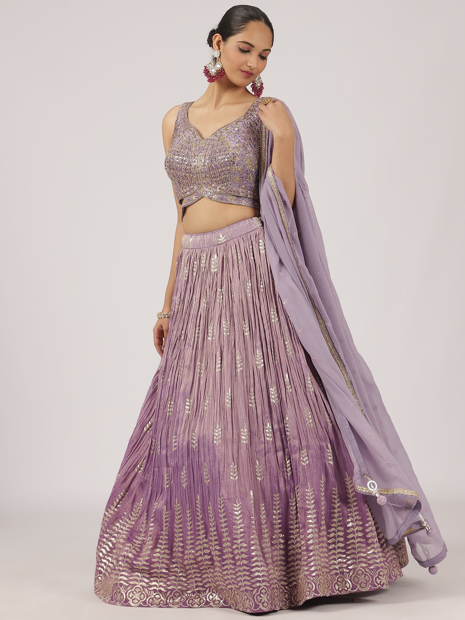 Elegant Lavender Sequined Lehenga with Embellished Blouse and Brocade Dupatta