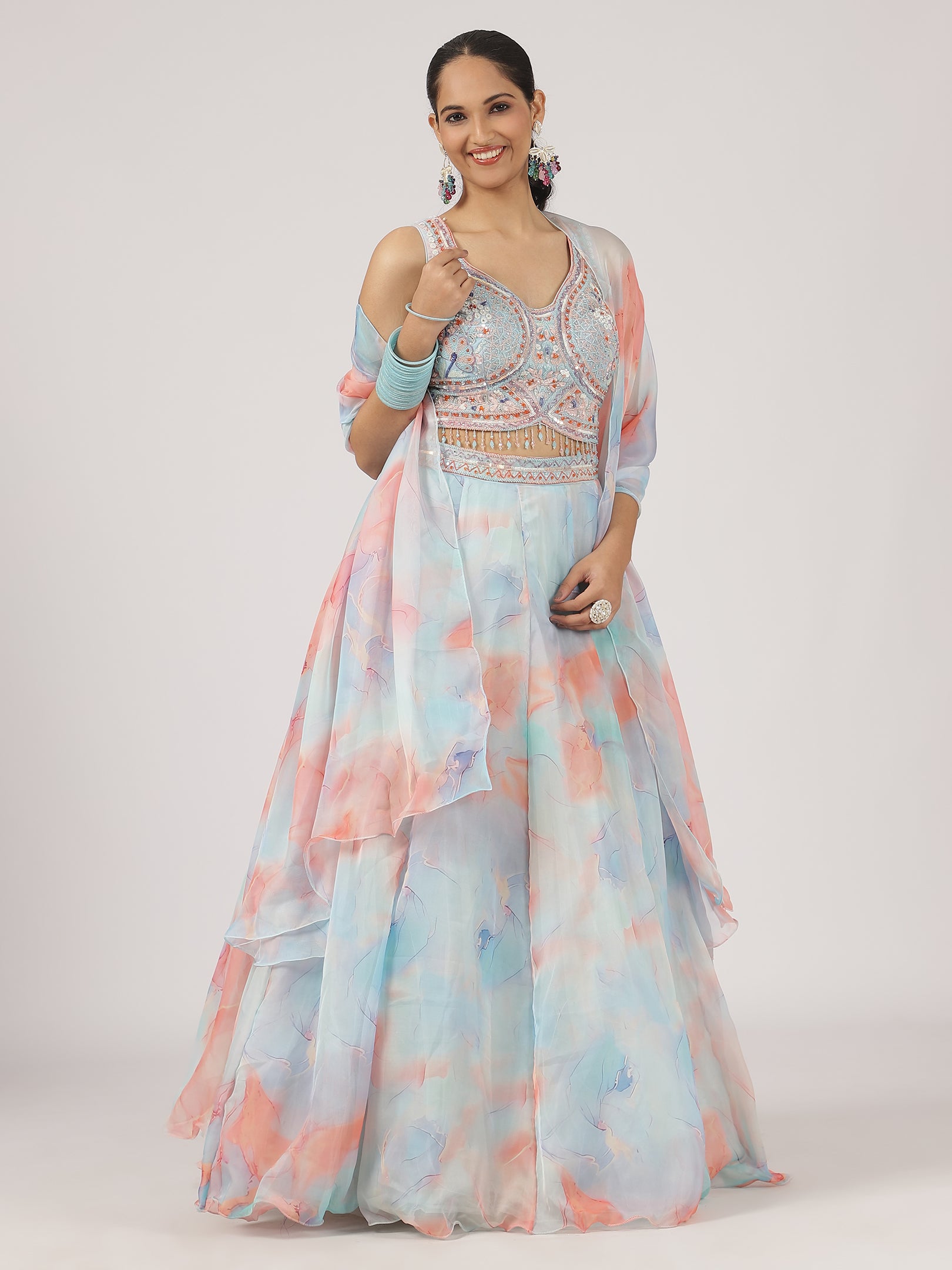 Pastel Blue & Peach Watercolor Organza Lehenga with Embroidered Blouse