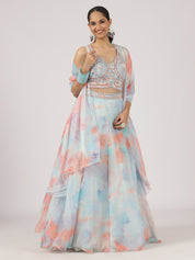 Pastel Blue & Peach Watercolor Organza Lehenga with Embroidered Blouse