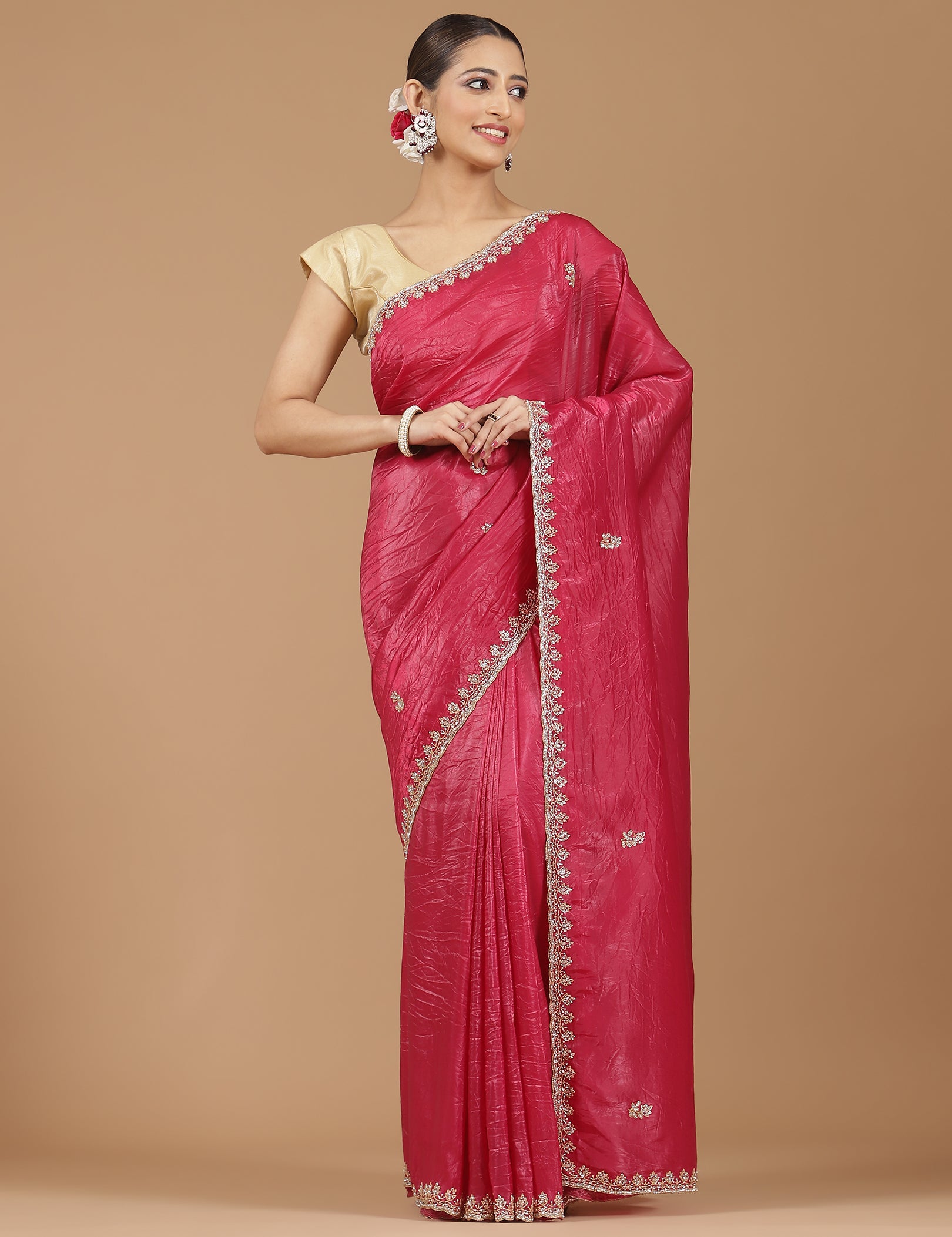 Crushed Silk Saree with Embroidered Border