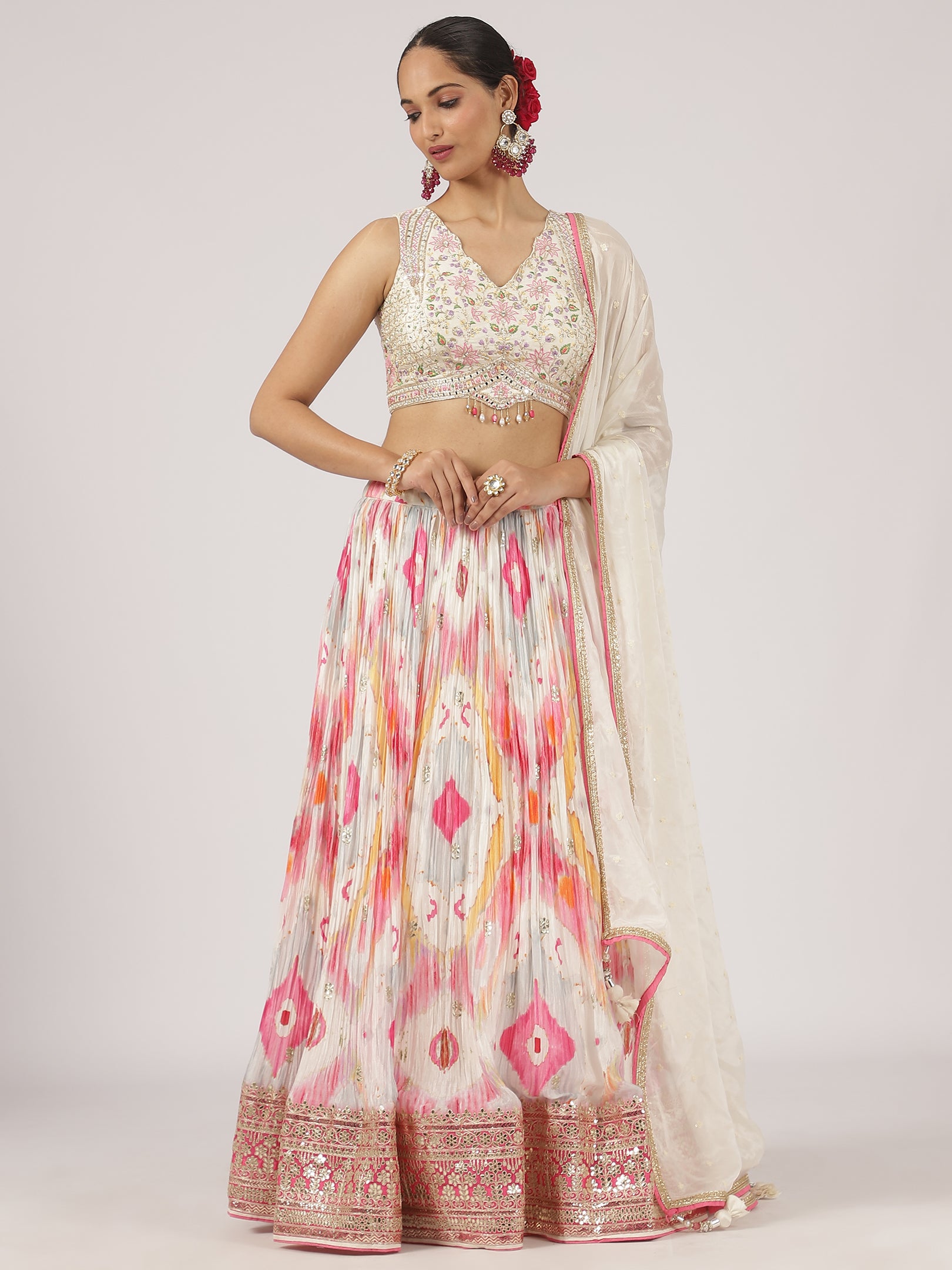 Elegant White & Pink Silk Lehenga with Embroidery & Sequins Work