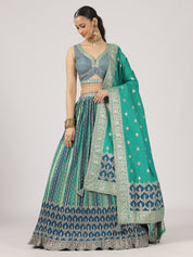 Teal & Blue Bandhani Lehenga with Embroidered Blouse & Dupatta