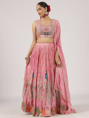 Stunning Pink Silk Lehenga with Peacock & Floral Embroidery