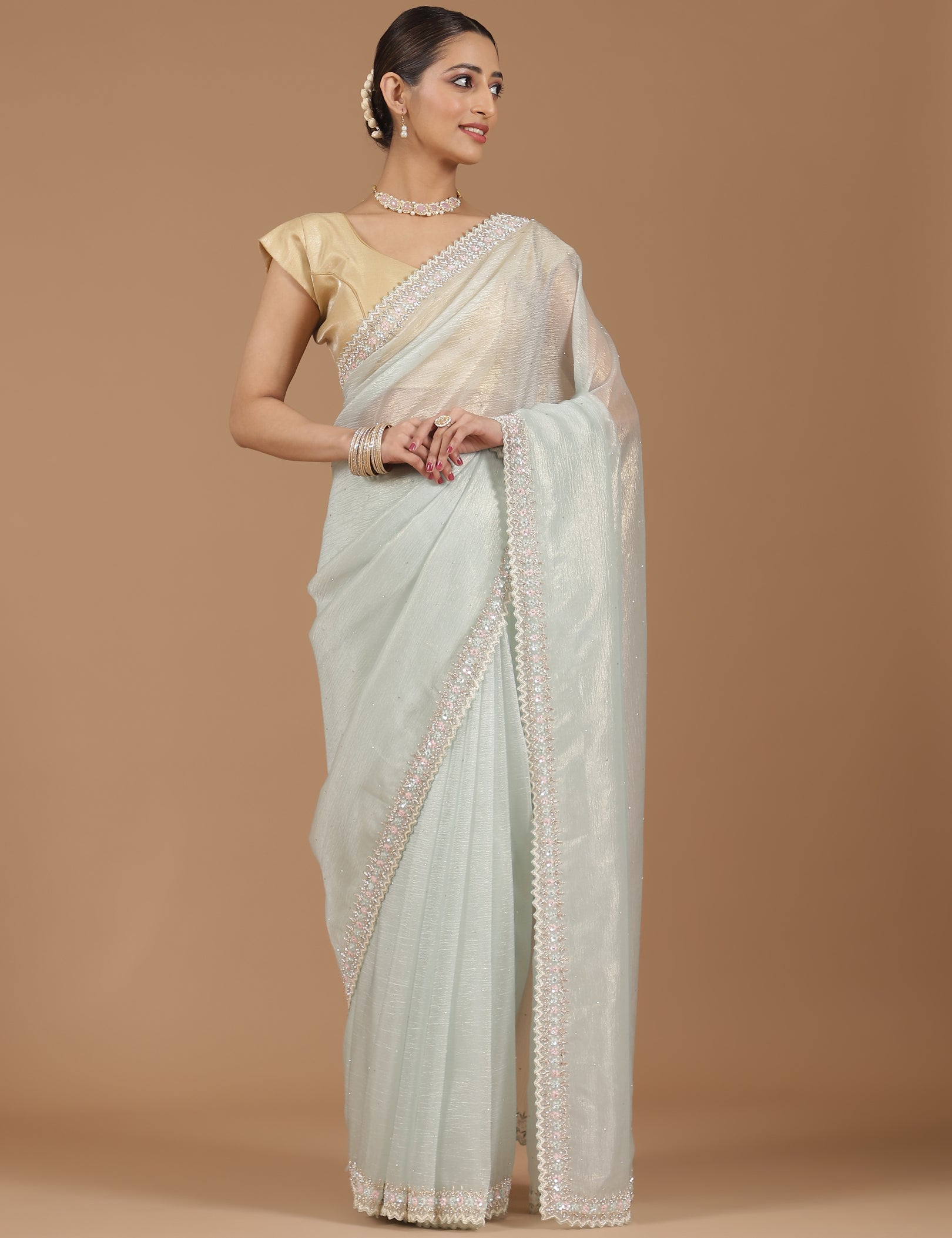 Net Saree with Delicate Floral Embroidery & Scalloped Border