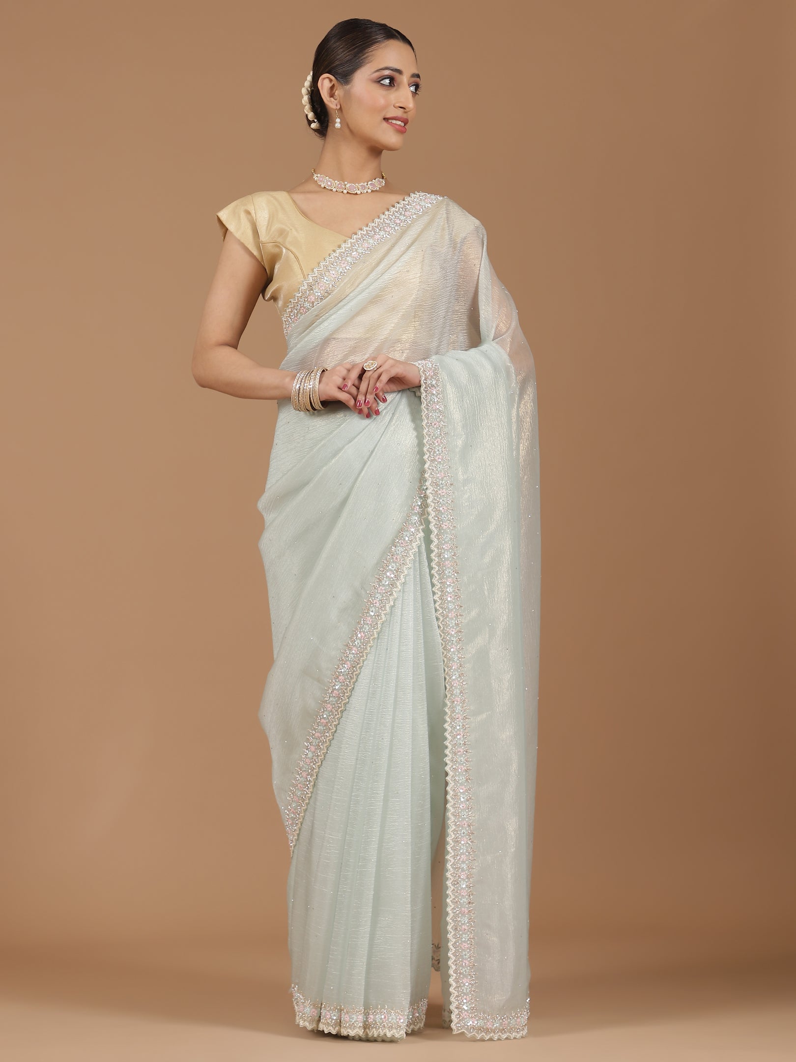 Net Saree with Delicate Floral Embroidery & Scalloped Border