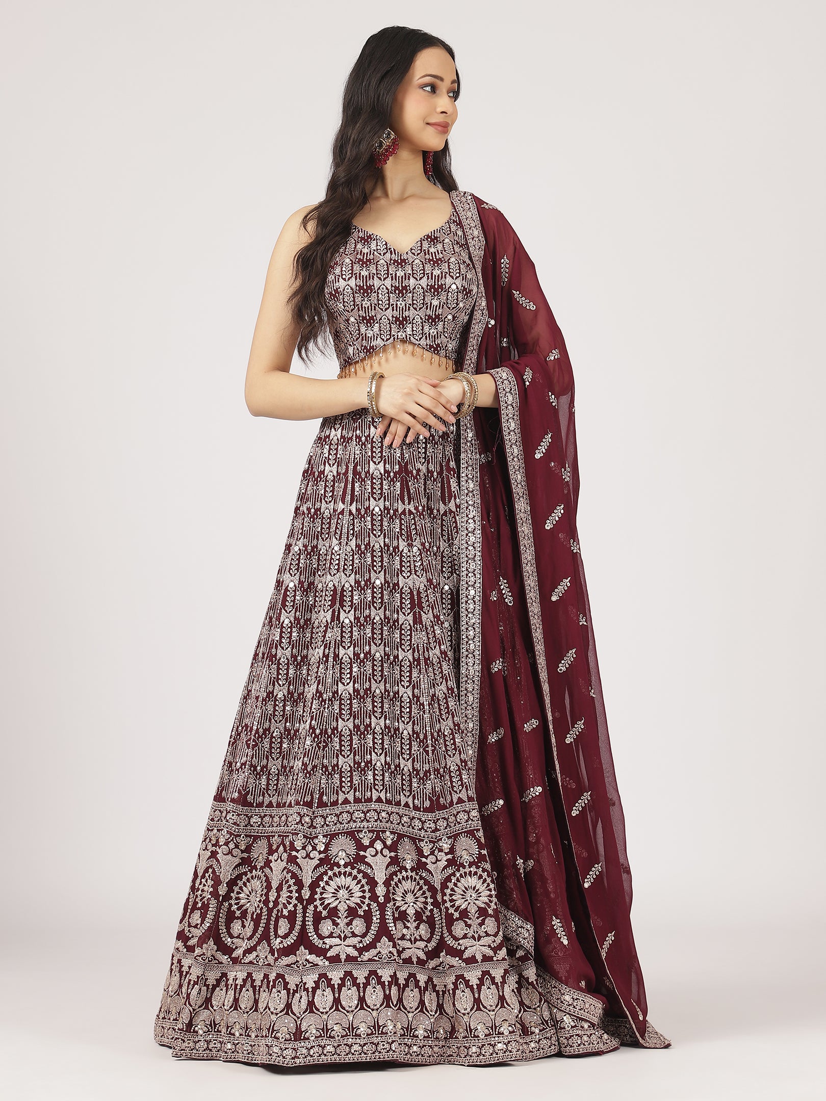 Maroon & Ivory Threadwork Lehenga Set with Embellished Blouse & Net Dupatta