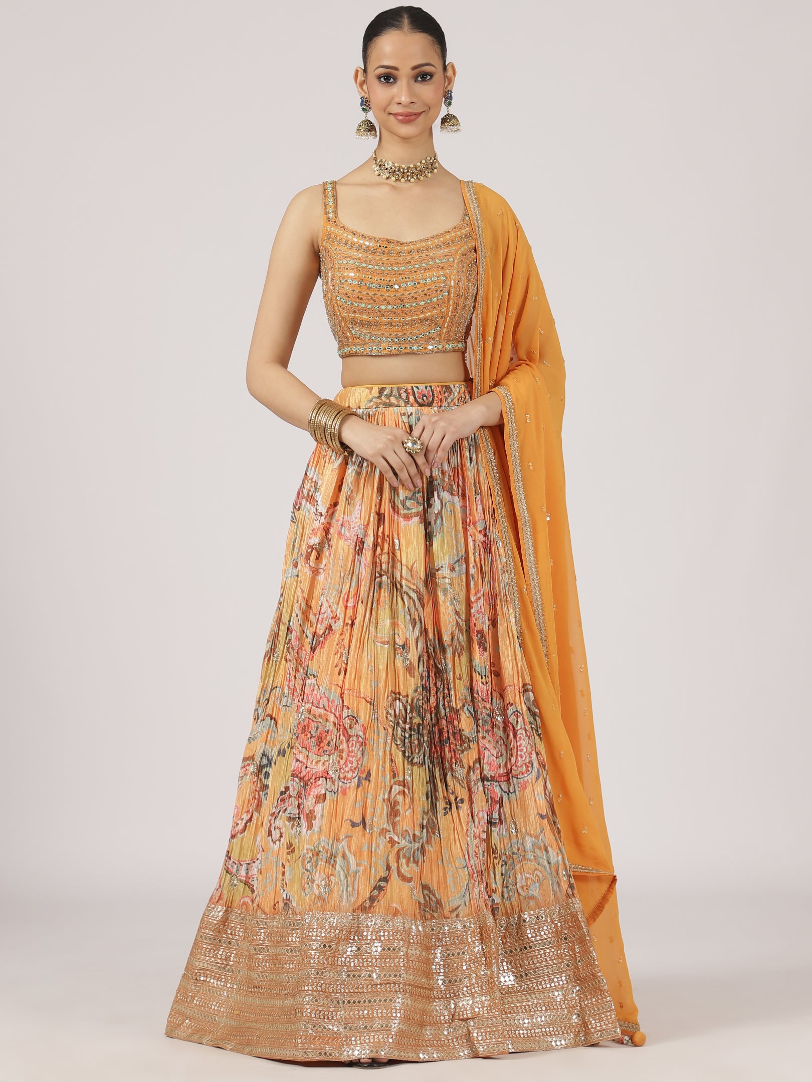 Bloom Orange Floral Print Lehenga with Embroidered Blouse & Dupatta