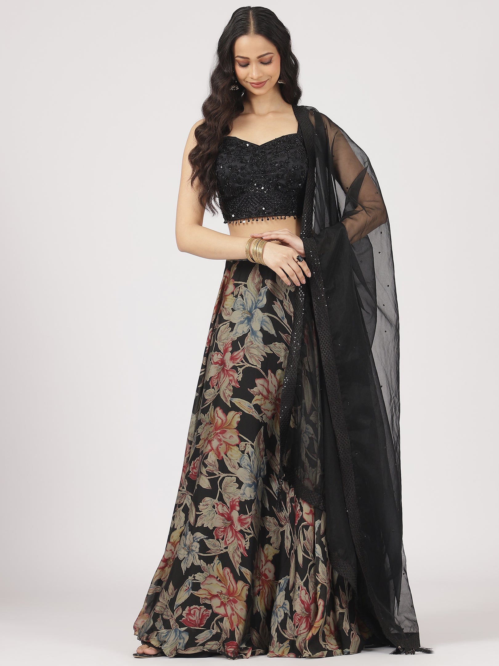 Black Floral Printed Organza Lehenga with Embroidered Blouse & Net Dupatta